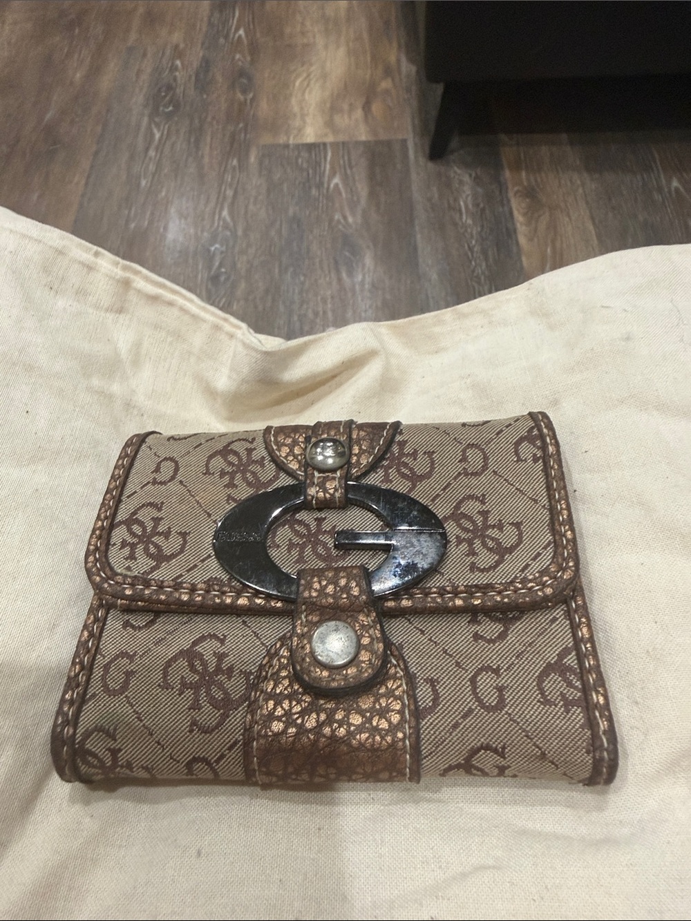 Guess, Brown Monogram Wallet with Branded Hardware